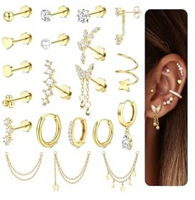 Adramata 20Pcs Helix Piercings Chirurgenstahl Piercing Ohr Hypoallergen | Ohrstecker Set, Knorpel Ohrringe Damen, Klein Ohrringe Creolen, Conch Helix Tragus Piercing Set, Gold Silber