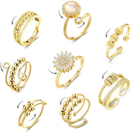 ALONK 8 Stück Anti Stress Ring, Anxiety Ring Gold, Verstellbare Stressringe für Damen Herren