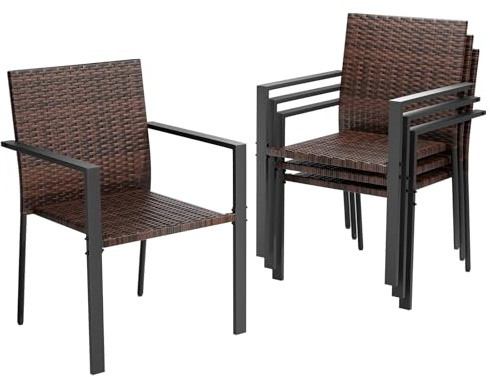 Amopatio Gartenstühle Stapelbar 4er Set, Polyrattan Stapelstuhl Garten mit Armlehnen, Stabiler Stahlrahmen, Wetterfest Rattansessel - Rattan Balkonstühle für Balkon, Terrasse, Braun