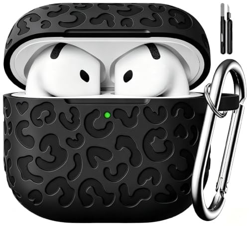 TNSNK Leopard-graviert für AirPods 4 Hülle (Schwarz) | Weiche, Hautfreundliche Textur, Kratzfest, Stoßfest, Rutschfest, Reißfest, inklusive Reinigungsstift und Schlüsselanhänger
