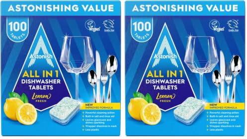 Astonish All In 1 Powerful Cleaning Dishwasher Tablets with Salt and Rinse Aid, Mega Pack of 200 Tablets, Lemon Fresh