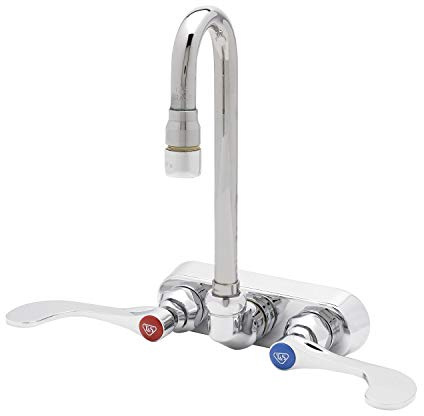 T&S Brass, B-2459, Wall Mounted Workboard Faucet with 4 Centers, 3 Swivel Gooseneck, 1.0 GPM Aerator and 4 Wrist Action Handles, Chrome