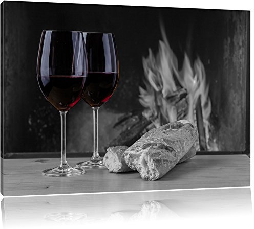 Pixxprint Baguette Vino Wein Alkohol Picknick B&W, Größe: 60x40cm, Leinwandbild, fertig gespannt, Wandbild, Dekoration, Kunstdruck, kein Poster