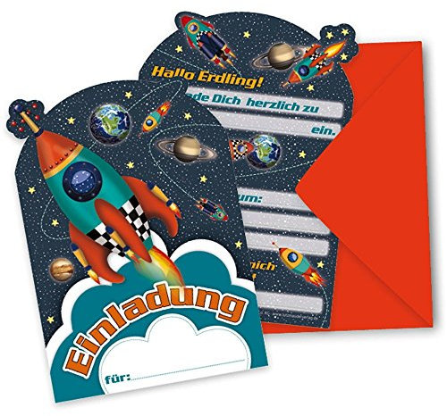 16-teiliges Set: 8 Einladungskarten mit 8 Umschlägen * RAKETE * für Kindergeburtstag vom Lutz Mauder // 26020 // Kinder Geburtstag Einladung Karten Space Shuttle Weltraum petrol