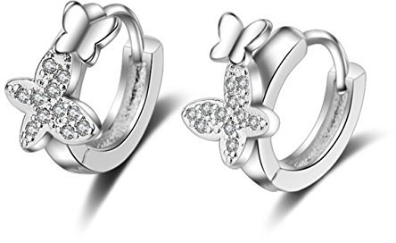BROWOL Damen Creolen Ohrschmuck Ohrohrclip Ohrringe Ohrstecker Kristallen Zirkon Zwei Schmetterling 925 Sterling Silber mit Schöne Schwarz Geschenkkarton Geburtstagsgeschenk für Damen Mädchen Kinder