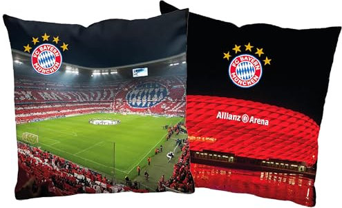 FC Bayern München Wendekissen – Allianz Arena 40 x 40 cm Kissen Mia san Mia, Rekordmeister, Fußball - ideal für Sofa und Bett, Wohnaccessoire und Deko-Kissen, passend zur FCB Fan Bettwäsche