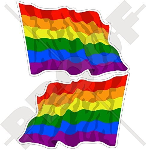 GAY PRIDE, SCHWULENSTOLZ, Regenbogen Wehende Flagge LGBT Bewegung Lesben, Homosexuell, Bisexuell und Transgender 120mm Auto & Motorrad Aufkleber, x2 Vinyl Stickers (Links - Rechts)