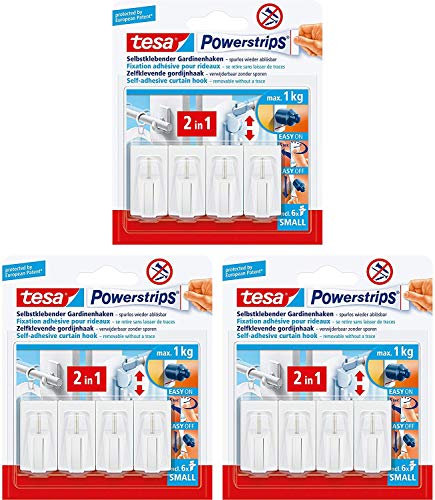 tesa Powerstrips Vario-Gardinenhaken/Selbstklebende Gardinenhaken ablösbar und mehrfach verwendbar (3er Pack Weiß)