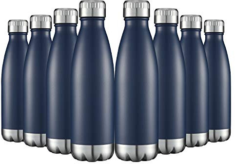 Wasserflaschen, 8 Packungen in Großpackung aus Edelstahl, 500 ml, isoliert, doppelwandig, Vakuum, Sport, Fitness, heiß, kalt, wiederverwendbar, Strand-Thermoskanne, Cola-Form, Radfahren, Marineblau
