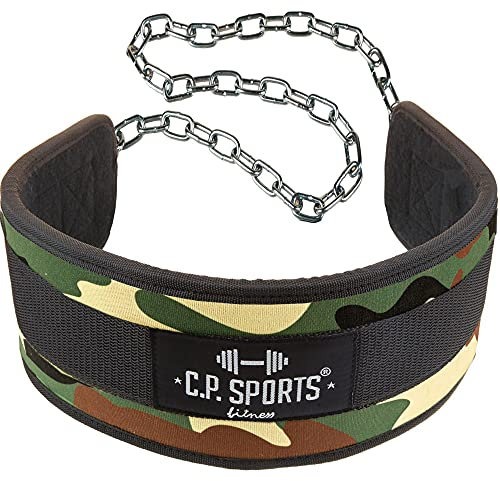 C.P. Sports Set Dip-Gürtel (Dipgürtel, Dippgürtel) inkl. Kette & Karabiner + Zughilfen Klassik 50cm Paar – mehr Gewicht für Klimmzüge & Dips – Kraftsport, Bodybuilding– Farbe: CAMO-Oliv