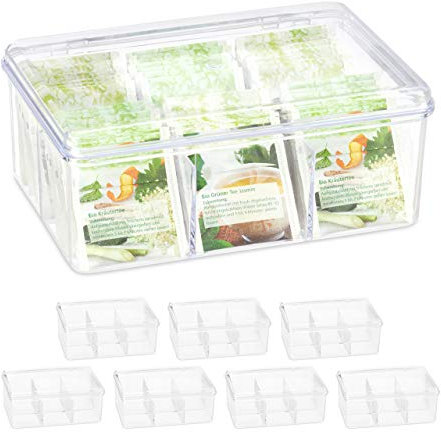 Relaxdays 8 x Teebox, je 6 Fächer, 90 Teebeutel, Teedose mit Klappdeckel, Aromaschutz, HxBxT: 9 x 21,5 x 14,5 cm, transparent