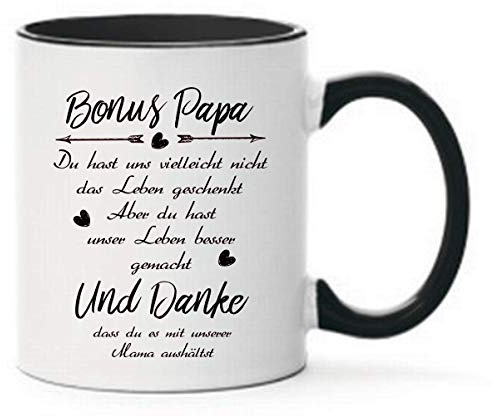 Farbwuselei Tasse Unser Bonus Papa Schwarz Geschenk beidseitig Bedruckt Spülmaschinenfest Kaffeetasse Mama Danke