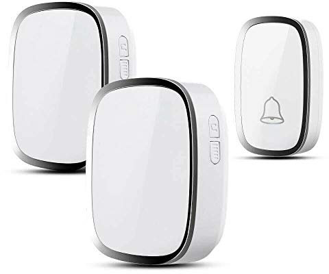 Wireless Doorbell, Weatherproof Wall Plug-in Cordless Door Chime at 1000-feet/300m Range with 36 Tunes, 1 Push Button & 2 Receivers, 4 Level Volume, Flashing Light Indicator, 1 x Battery