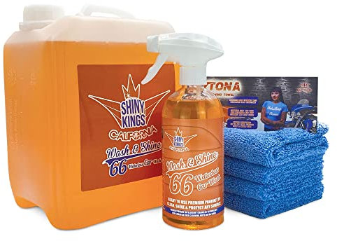 Shinykings Wash&Shine WASSERLOSER Auto Reiniger | Pflege und Schutz inkl. Glanzeffekt für Lack, Chrom-, Alufelgen | 5,5 l mit 4 Mikrofasertüchern | umweltfreundlich und biologisch abbaubar