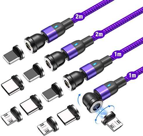 360° & 180° Rotation Magnetic Charging Cable(1m+1m+2m+2m), VAFOTON Fast Charging and Data Transfer Magnetic Cable (4Pack-Violett)