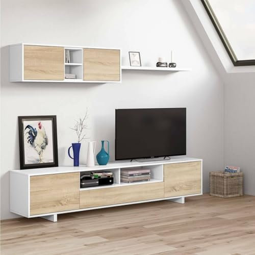 Dmora - Hartford-Wandsystem, TV-Ständer-Wohnzimmereinheit, Zusammensetzung des Wohnzimmersets, Wohnzimmerset mit Wandeinheit, 260 x 41 x 46 cm, glänzendes Weiß und Eiche