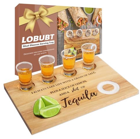 LOBUBT Tequila Shot Glasses Serving Tray Shot Glass Display Case with Salt Rim Funny Shot Glasses Holder Housewarming Gift Alcohol Gifts Good Helper for Bar,Restaurant,Party,Family Gathering