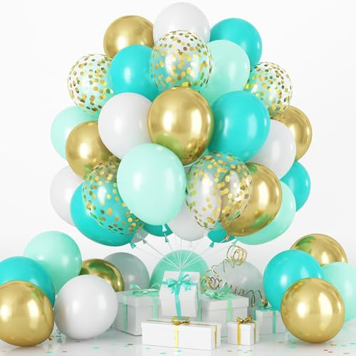 Luftballons Grün Gold 60 Stück 10 Zoll Mint Hellgrün Tiffany Blau Weiß Geburtstag Ballons Set mit Konfetti, Blaugrün Helium Latex Ballon für Dschungel Safari Babyparty Hochzeitstag Party Dekorationen