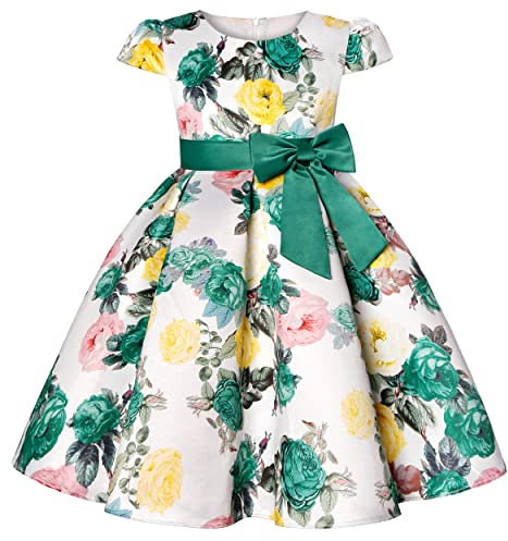 BUNNY LULU Mädchen Kleid mit schräger Schulter, Brautjungfer, Hochzeit, Prinzessin, Kinder, Schleife, Geburtstagsball, Party, Show, Abend, Lavendel.(Grün,5-6 Jahre)