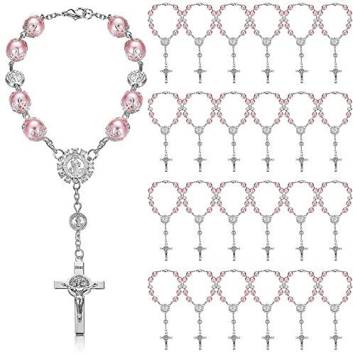 Tudomro 24 Stück Tauf-Rosenkranz, rosa Glas-Rosenkranz, Perlen, Finger-Rosenkränze, Kunstperlen, für Taufe, Kommunion, Gastgeschenke, Hochzeiten, Partygeschenke, 8.7 Inch, Glas Metall, /