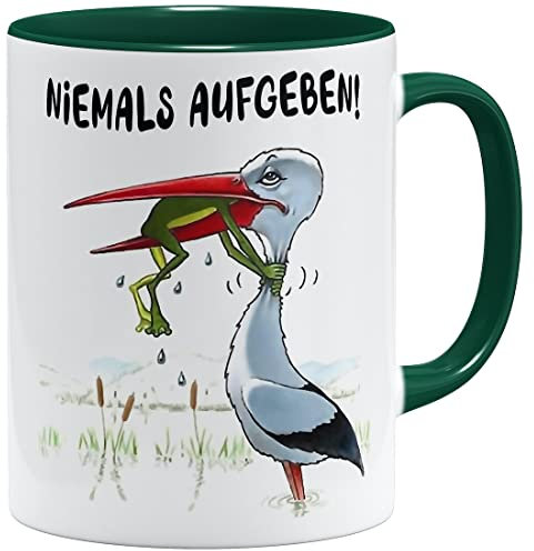 OM3® Niemals aufgeben Kaffee-Tasse mit Spruch - Motivationstasse - Motivation - Keramik Becher - 325ml - Beidseitig Bedruckt - Grün