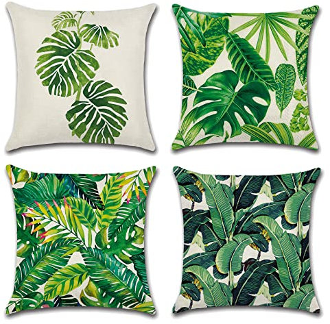 OCEUMACO Leinen Kissenbezug 50x50 Dschungel Kissenhülle 4er Set Quadratisch Dekokissen Sofakissen Bezug für Couch Sofa Grün Natur Muster Kissen Kissenbezüge Deko Zierkissen Couchkissen Outdoor