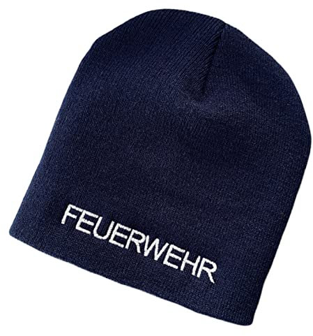 Schnoschi Dunkelblaue Strickmütze (Beanie Mütze) mit Feuerwehr Bestickt für Herren, Damen, Jugendliche und Kinder