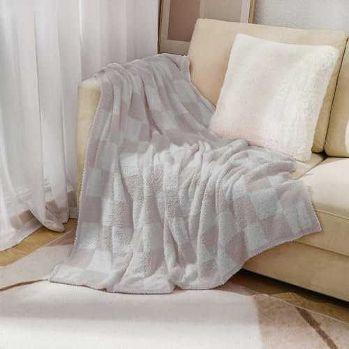 DOOWELL Karierte Decke, Überwurf, weiche Strickdecke mit Schachbrettmuster, für Couch, Sofa, Bett, Camping, Reisen, Geschenk (cremefarben, 127 x 152,4 cm)