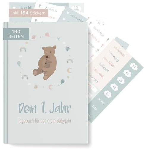 mintkind® Babyalbum Dein erstes Lebensjahr A5 Mint + Sticker Set | Baby Fotoalbum zum Selbstgestalten | Baby Geschenk für Mädchen und Junge | Babybuch zum Eintragen | Baby Buch ab 0 Monate