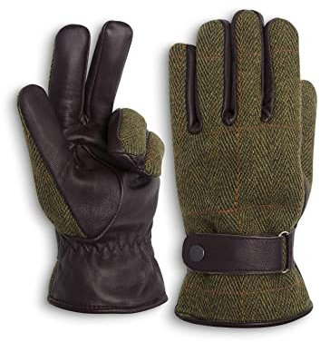 WALKER AND HAWKES Unisex Handschuhe Brookmore - Tweed & Leder - Dunkles Salbeigrün - S