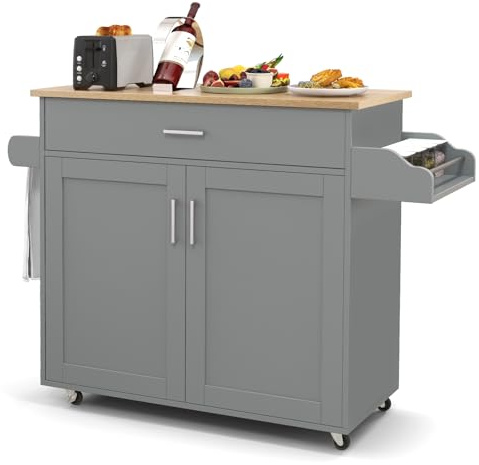 RELAX4LIFE Carrello da Cucina con Ruote di Gomma Silenziosi, Piano per Microonde, Porta-Asciugamani, Portaspezie, Casetto, Armadietto a 2 Ante (Grigio, 116x40x85cm)