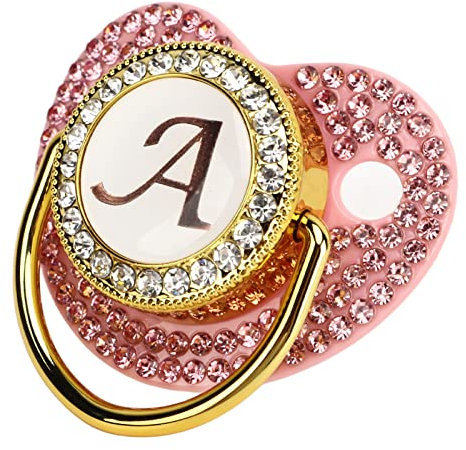 Goldener Baby-Schnuller, Personalisiertes Schnuller Schnullerclip-Set, A-Z 26 Buchstaben-Schnuller Bling Schnuller für Neugeborene, Silikon für Babys Im Alter von 6 Bis 18 Monaten (Buchstabe a)