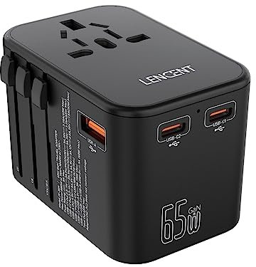 LENCENT Adaptateur de Voyage Universel GaNIII 65W Chargeur Mural avec 1 Port USB et 2 adaptateurs de Charge Rapide Type C PD pour iPhone Samsung Ordinateur macbook Type A/C/G/I USA/UK/EU/AUS