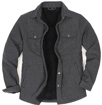 Mens Shacket Flanellhemd Jacke für Männer Sherpa Fleece gefüttert Plaid Shirts Langarm Snap Button Up Solid grau L