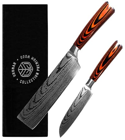Couteau Japonais Couteau Cuisine Nakiri et Santoku en acier à haute teneur en carbone Manche en bois Protection de Lame & Coffret Cadeau