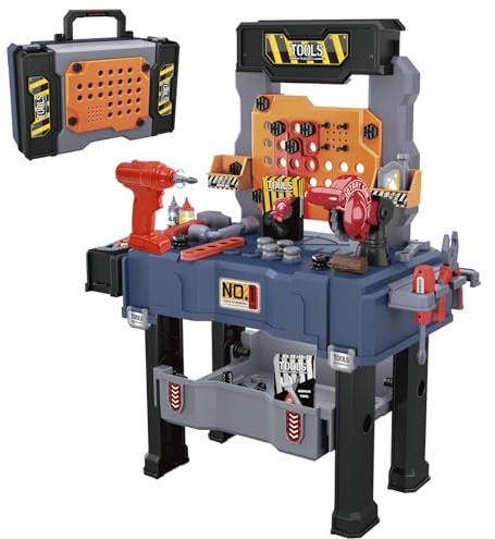 MUGEYMYD Kids Tool Bench Set with Electric Drill and Realistic Tool, Pretend Play Construction Workbench Toys for Toddlers, Build a Kids Tool Workshop Set for Boys and Girls, Ages 3-8.