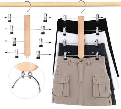 VANZAVANZU Kleiderbügel Platzsparend Rockbügel, 2er Pack 4 Etagen Hosenbügel aus Holz mit Klammern, Montierbarer Kleiderbügel mit Klammern mit 360° Drehbarem Haken, Vielseitige Kleiderbuegel