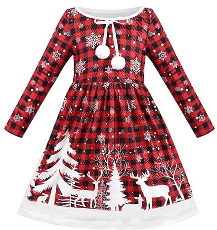 Sunny Fashion Mädchen Kleid rot Weihnachten Schneeflocke Baum Langarm Winter Urlaub Gr. 110,Rot Kariertes Weihnachten,110