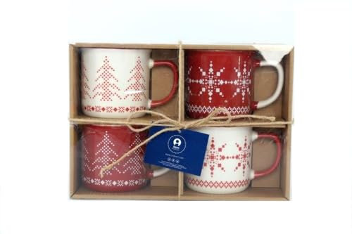 PLUS HOME Pack de 4 tazas navideña.4x Taza de Café de Porcelana navidad- Taza para Bebidas Frías y Calientes.Capacidad 350ml tamaño 9X6,8X8,2 300ML, ROJO
