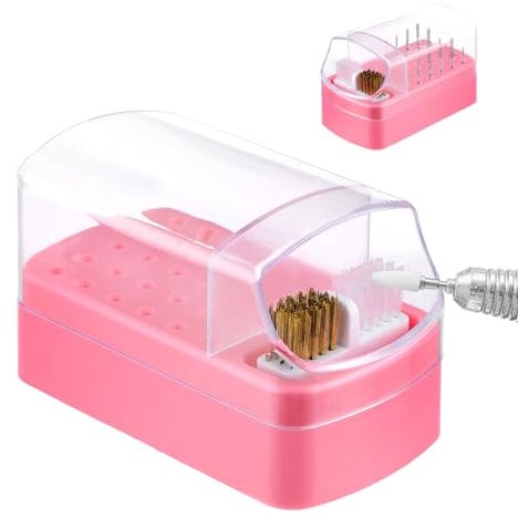 Andibro Nagelbohrer Halter,2 in 1 Nagelbohrer Aufbewahrungsbox Abnehmbare Reinigung Pinsel 30 Slots Kunststoff Klarsicht Fall Nagel Kunst Bohrer Bits Stand für Schönheitssalon und Haushalt(Rosa)