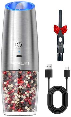FORLIM Elektrisch Pfeffermühle, USB-Aufladbare, 6oz Kapazität Salzmühle, mit LED-Licht, Einhandbedienung, Verstellbare Grobheit, Gravity Automatisches Schleifen, Edelstahl 1 Stück(Silber)