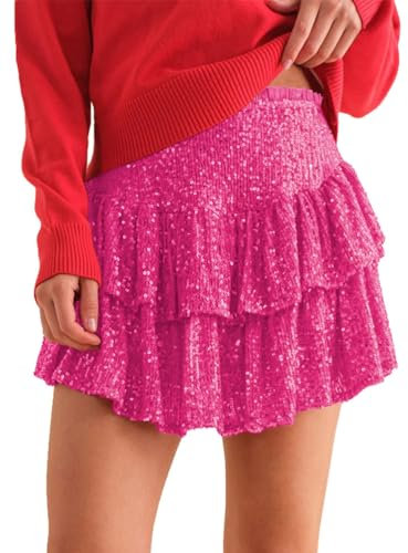 seiveini Jupe Femme Court à Paillettes Brillants Jupe A-Ligne Vintage pour Party Club Cocktail Soirée Cérémonie Festival Disco Mini Jupe en Sequins Perlage Élégante Couleur Unie A Rose Rouge XS