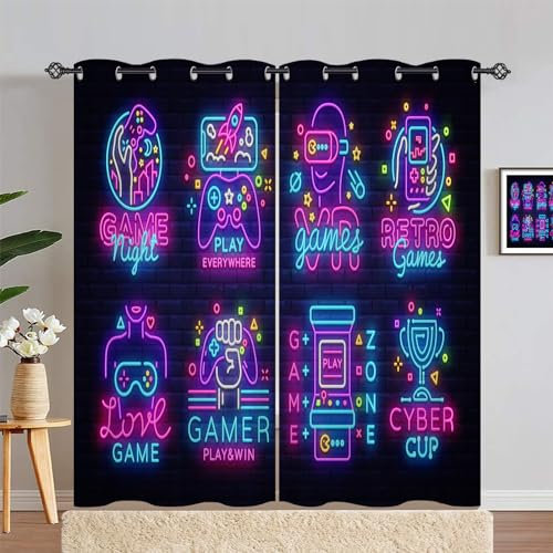 ANHOPE Gaming Curtains Eyelet Soft Thermal Insulated Blackout Curtains Gamer Theme Neon Gamepad Print Pattern Ring Top Window Drapes for Kids Boys Girls Bedroom Living Room 55 x 72 Inch 2 Panels