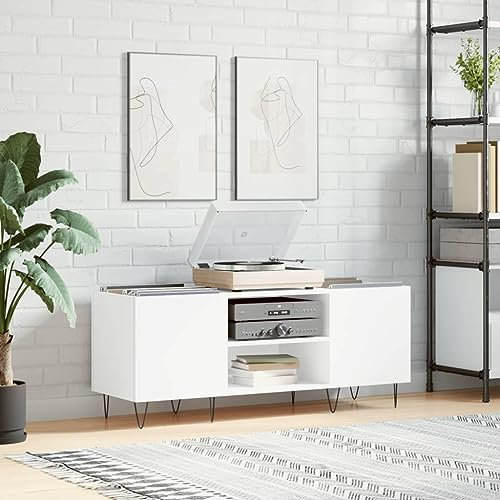 prissent Meuble porte-disques multicouches, meuble porte-CD, salon, meuble TV, bibliothèque, bois, porte-disques vinyle, bibliothèque, meuble étroit, blanc, 121 x 38 x 48 cm, en bois