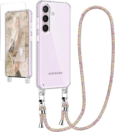 Ciciber Handykette Hülle für Samsung Galaxy A55 5G Handyhülle mit Band und Schutzfolie, Transparent Case mit Schnur zum Umhängen Kordel Necklace Hülle Schutzhülle für Samsung A55, Regenbogen