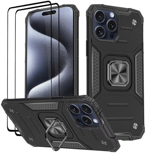 KANSi Case for iPhone 15 Pro, Tempered Glass [2 Pack] Protective Silicone TPU Shockproof Tough Armor Hard Cover - Black
