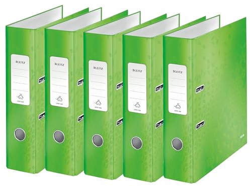 Leitz Qualitäts-Ordner 180°, 5er Pack, A4, 8 cm Rückenbreite, laminierte Graupappe, Grün, WOW Serie, 10054054