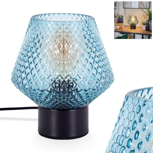 Tischleuchte Paderne, Tischlampe aus Metall/Glas in Schwarz/Blau, Leuchte im modernen Vintage/Retro-Design mit Schirm aus Glas (Ø 15cm) u. An/-Auschalter am Kabel, 1 x E27, ohne Leuchtmittel