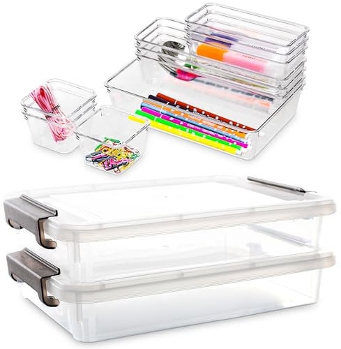 Citylife 2Pack A4 Storage Boxes, 4.5L plastic box with Lids, Stackable and with Handles, 10 Multi-Sized Drawer Organisers with Removable for Jewelry, Gadgets and Makeup, bead