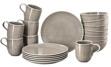 Rosenthal Joyn Grey, grau, 18 -tlg. Porzellanset, Teller, Becher mit Henkel, 0,42 L, leichter und natürlicher Look, moderne u. urbane Note, spülmaschinen- & mikrowellenfest